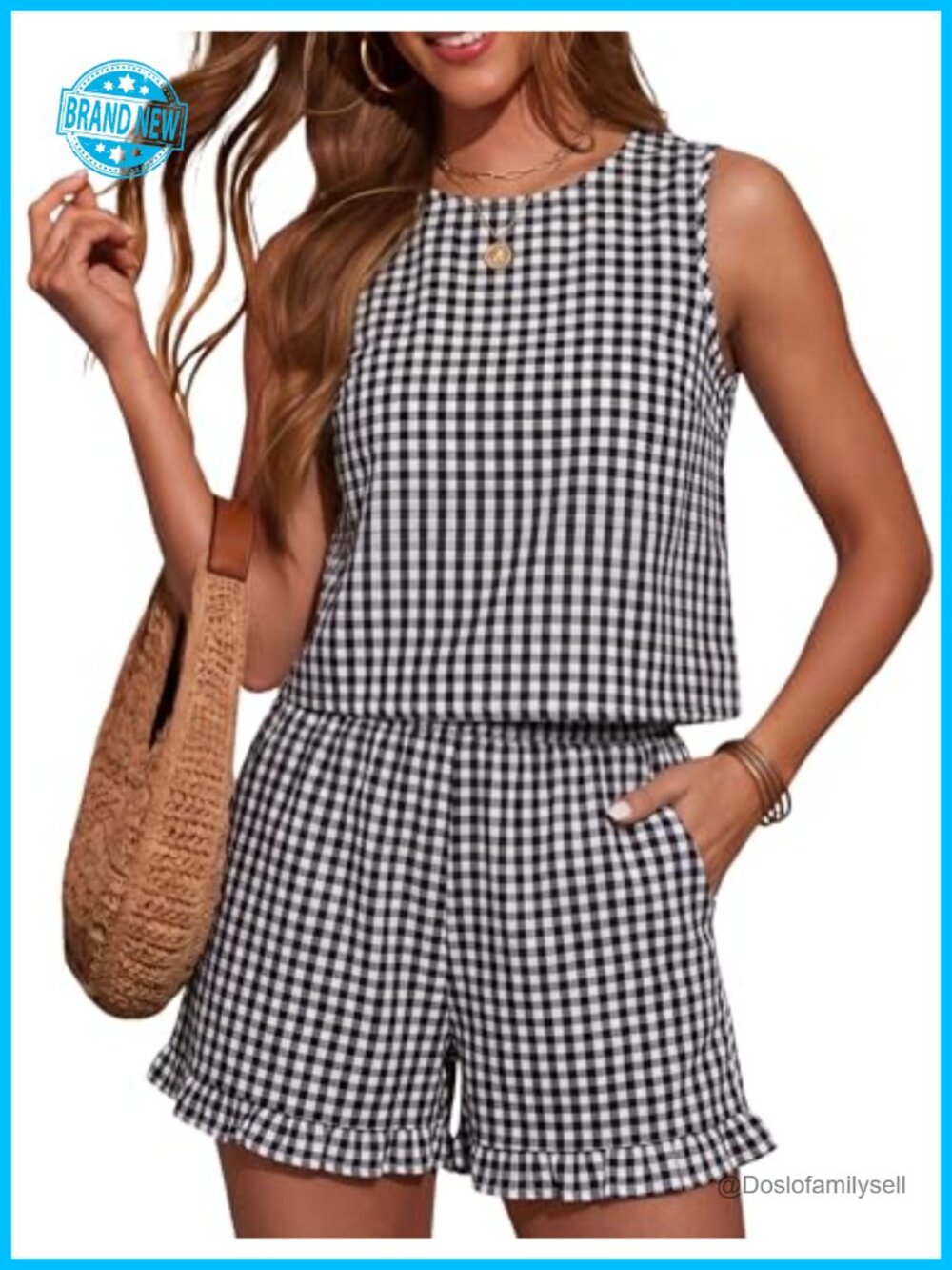 Cotton Gingham Two Piece Crop Set High Waist Ruffle Shorts